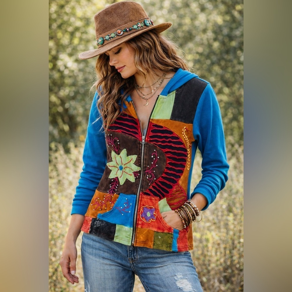 Handcrafted Patchwork Zip Hoodie – Size Small